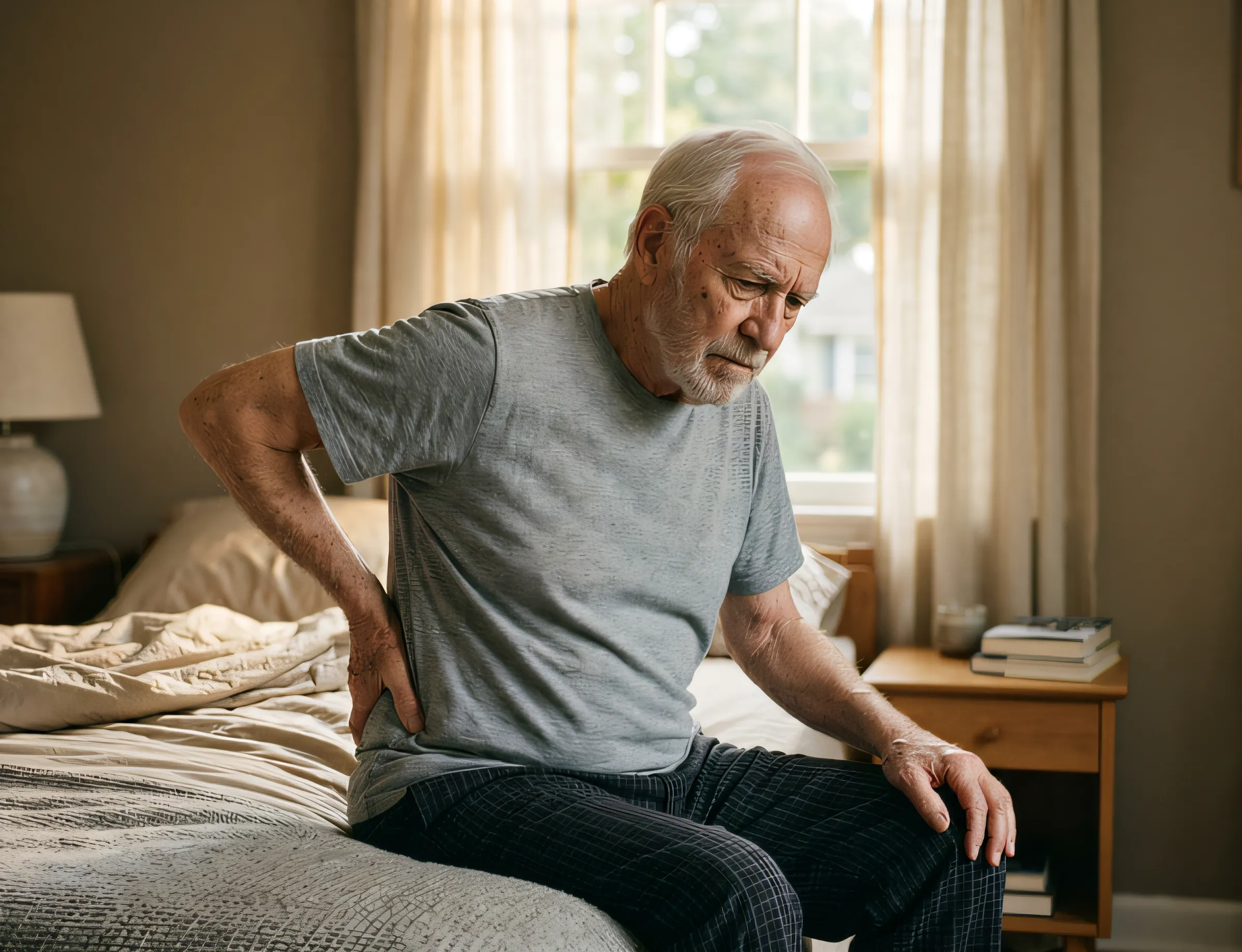 Senior adult at home bracing a stiff, aching knee