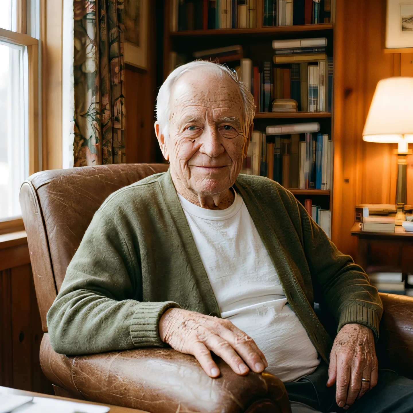 Frank, 82, buttoning his shirt by the window