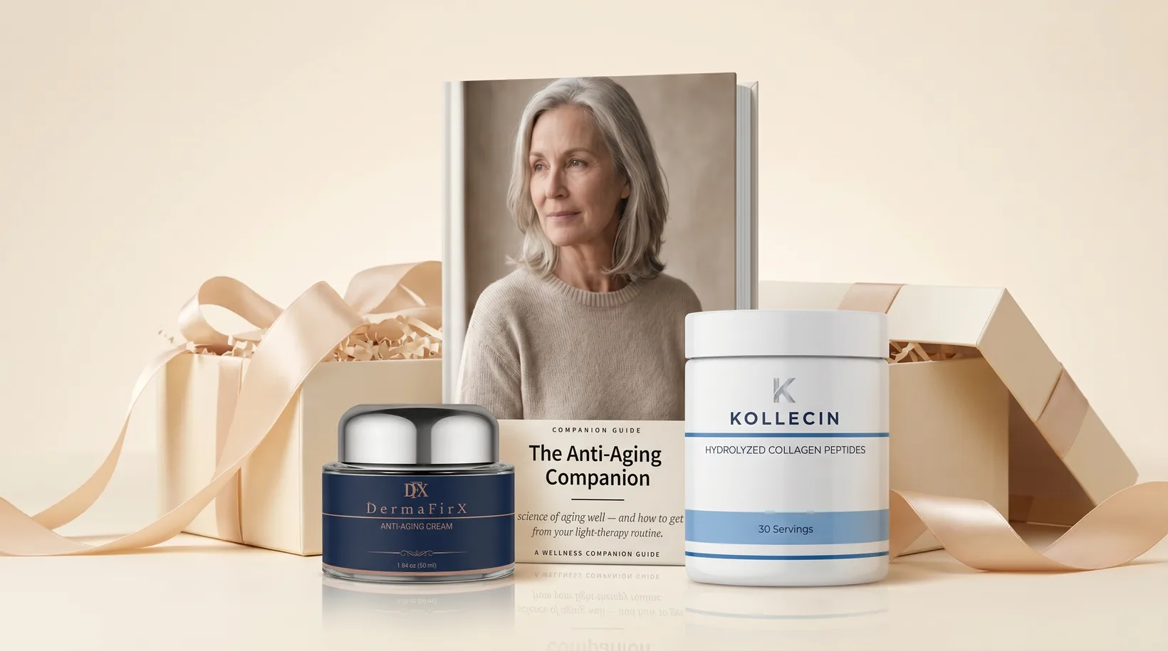 The Anti-Aging Recovery Bundle — DermaFirX cream, Kollecin collagen, and The Anti-Aging Companion guide presented in a premium gift box