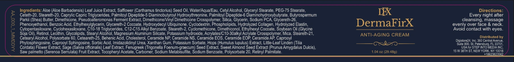 DermaFirX Anti-Aging Cream product label showing the full ingredient list and directions