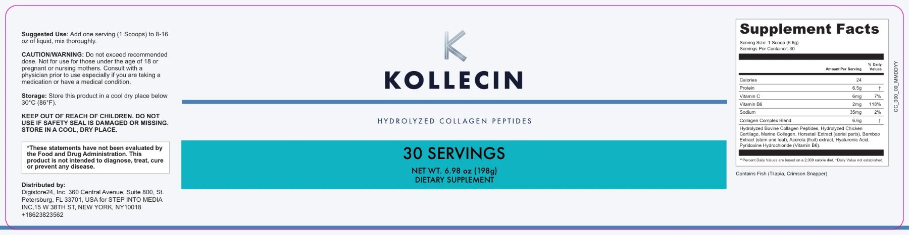 KOLLECIN Hydrolyzed Collagen Peptides product label showing suggested use, warnings and Supplement Facts
