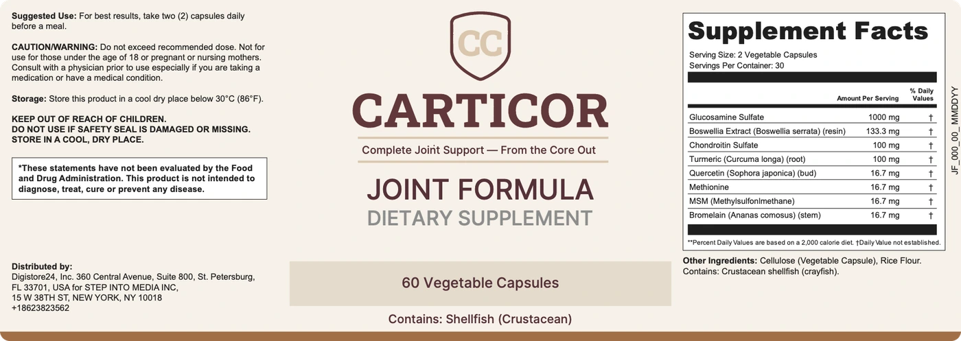 CARTICOR Joint Formula supplement label showing the Supplement Facts panel, suggested use, and warnings